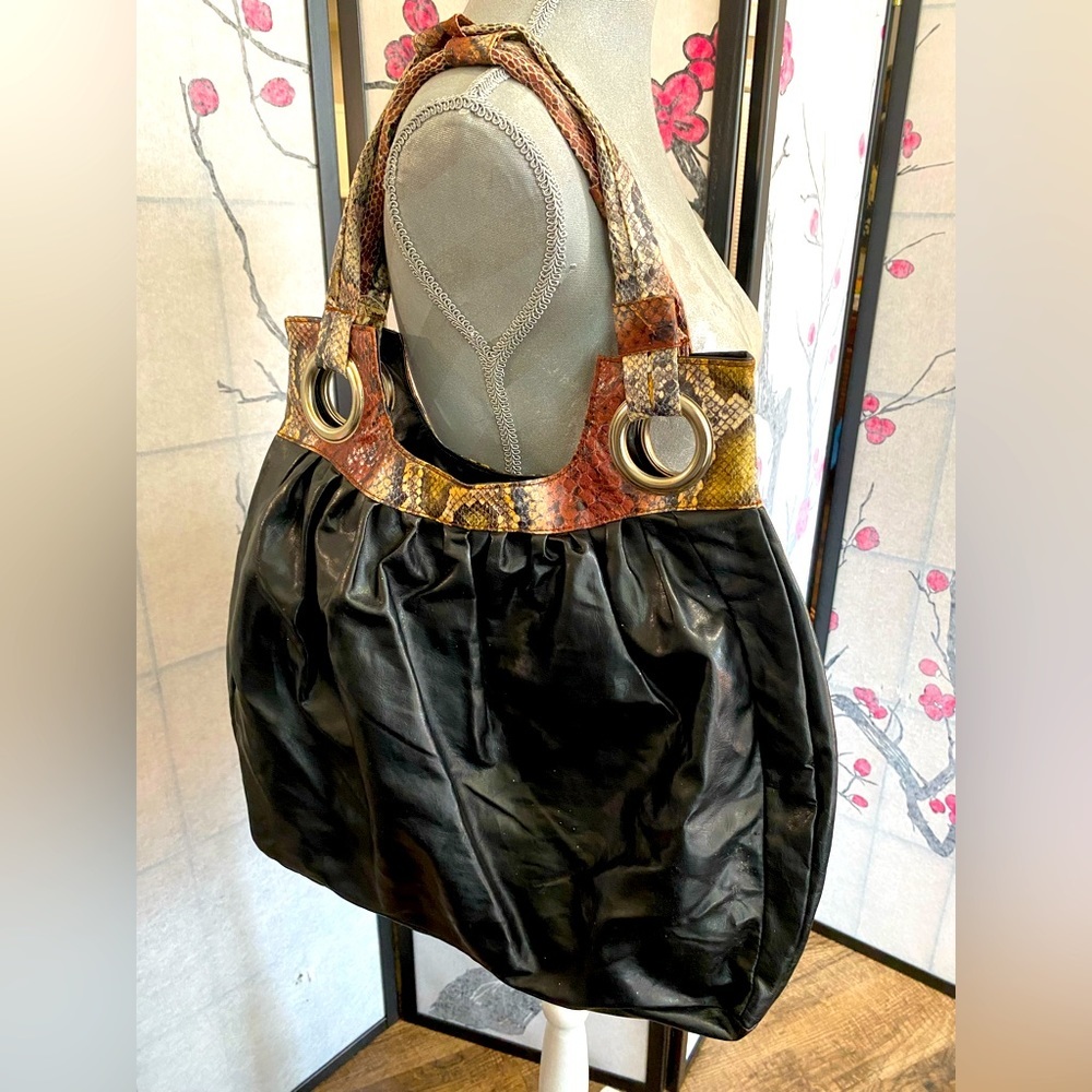 Women’s Oversized Black Canvas Tote with Snakeskin Handles NWOT